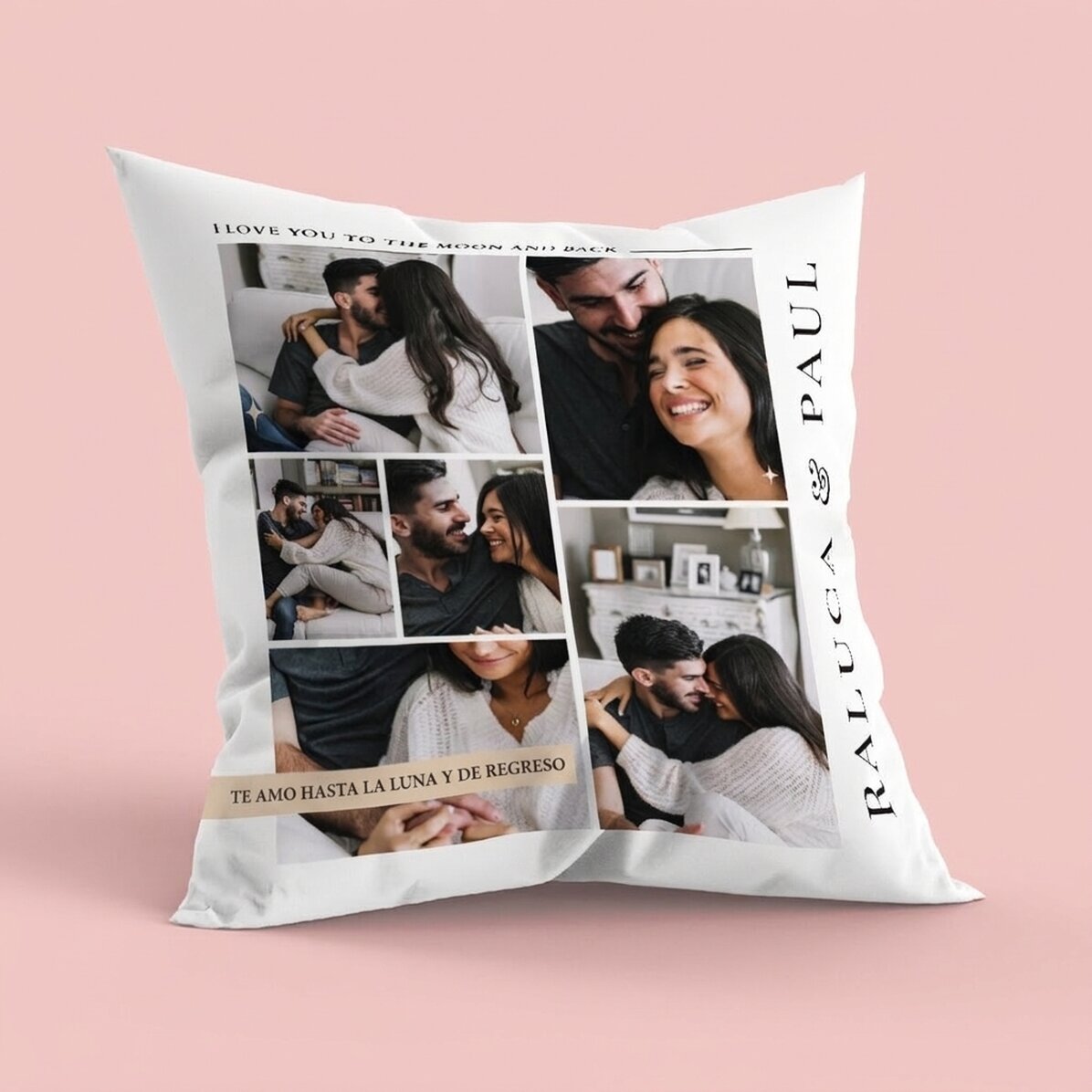 Cojín personalizado con 6 fotos y un mensaje, tamaño grande