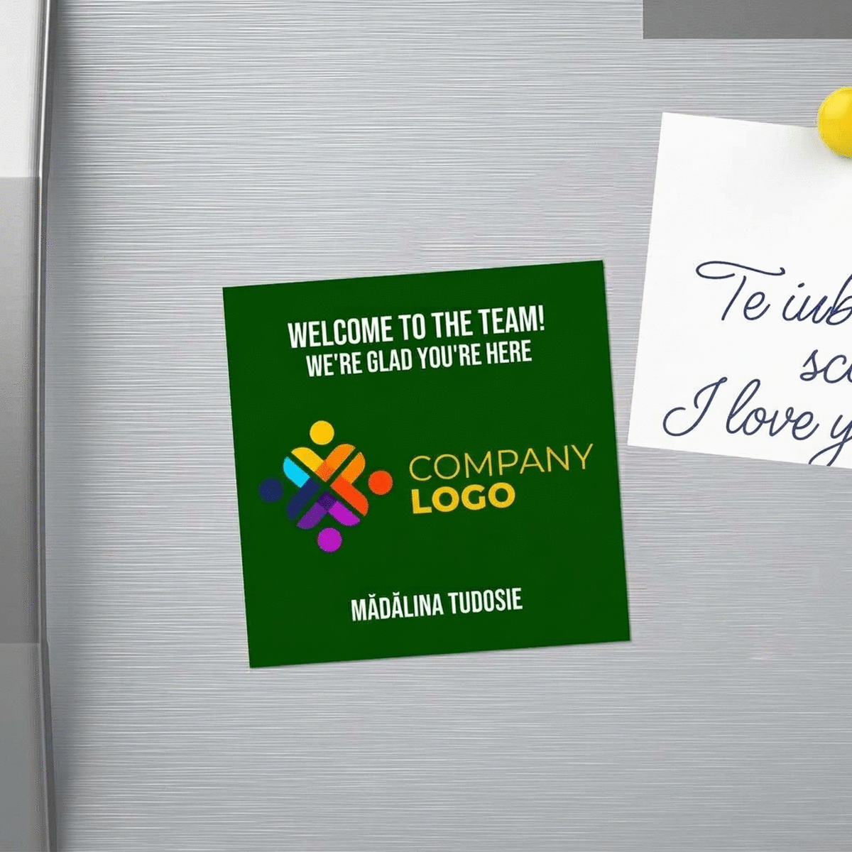 Imán personalizado de 10x10 con logotipo y texto - Welcome