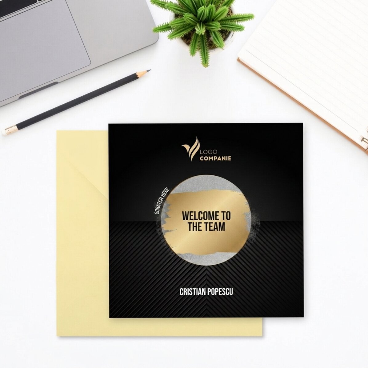 Tarjeta rasca y gana personalizada con logotipo y texto - Welcome