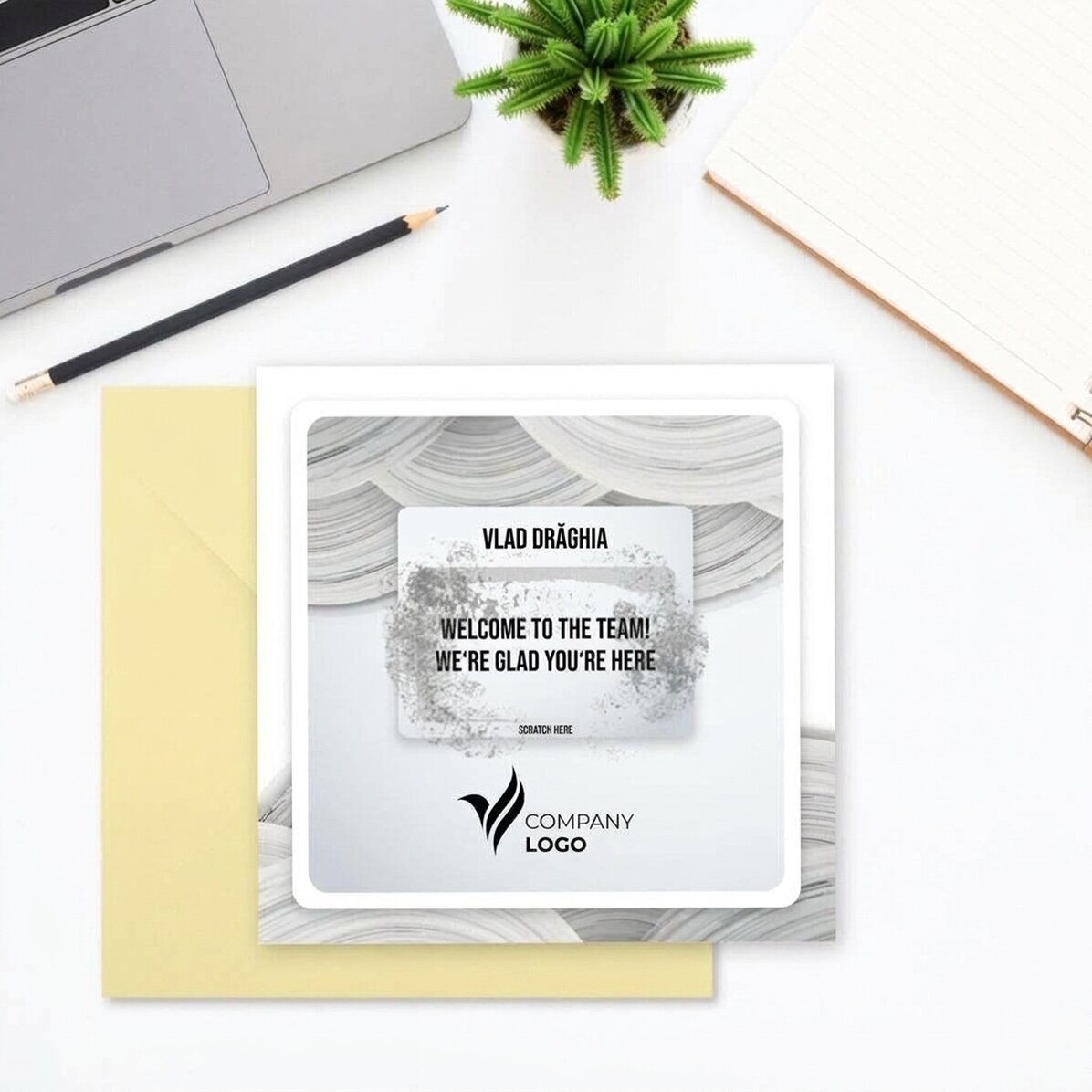 Tarjeta rasca y gana personalizada con logotipo y texto - White Welcome