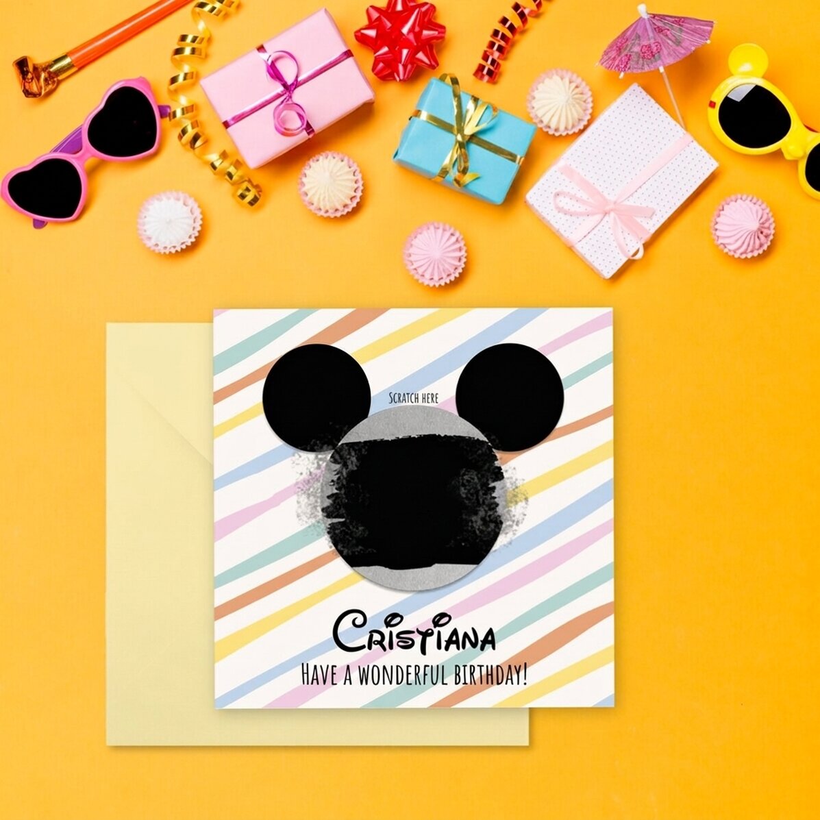 Tarjeta rasca y gana personalizada con mensaje - Orejas de Mickey