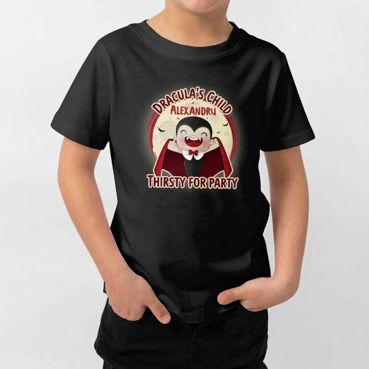 Camiseta de algodón de Halloween para niños personalizada con texto - El polluelo de Drácula