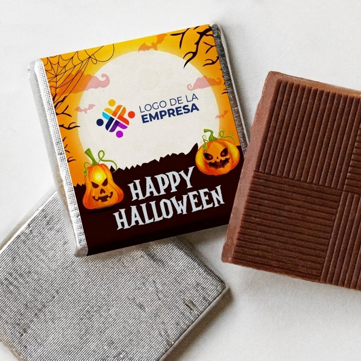 Mini tableta de chocolate personalizada con logotipo y mensaje - ¡Feliz Halloween!
