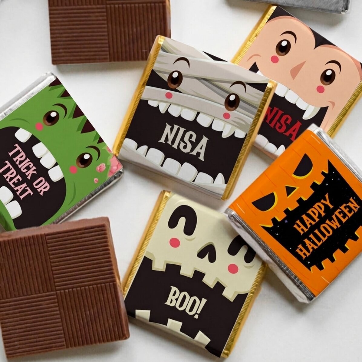 Lote de 5 minichocolates personalizados con mensaje: personajes de Halloween