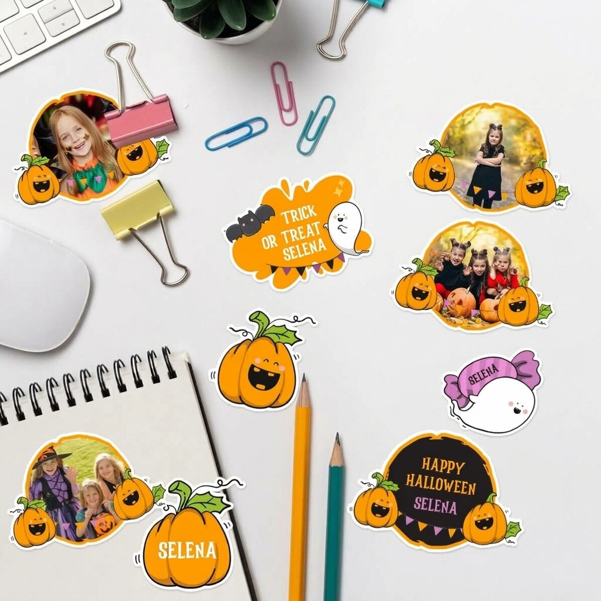 Juego de pegatinas (etiquetas autoadhesivas) personalizadas con fotos y texto - Calabazas de Hallowe