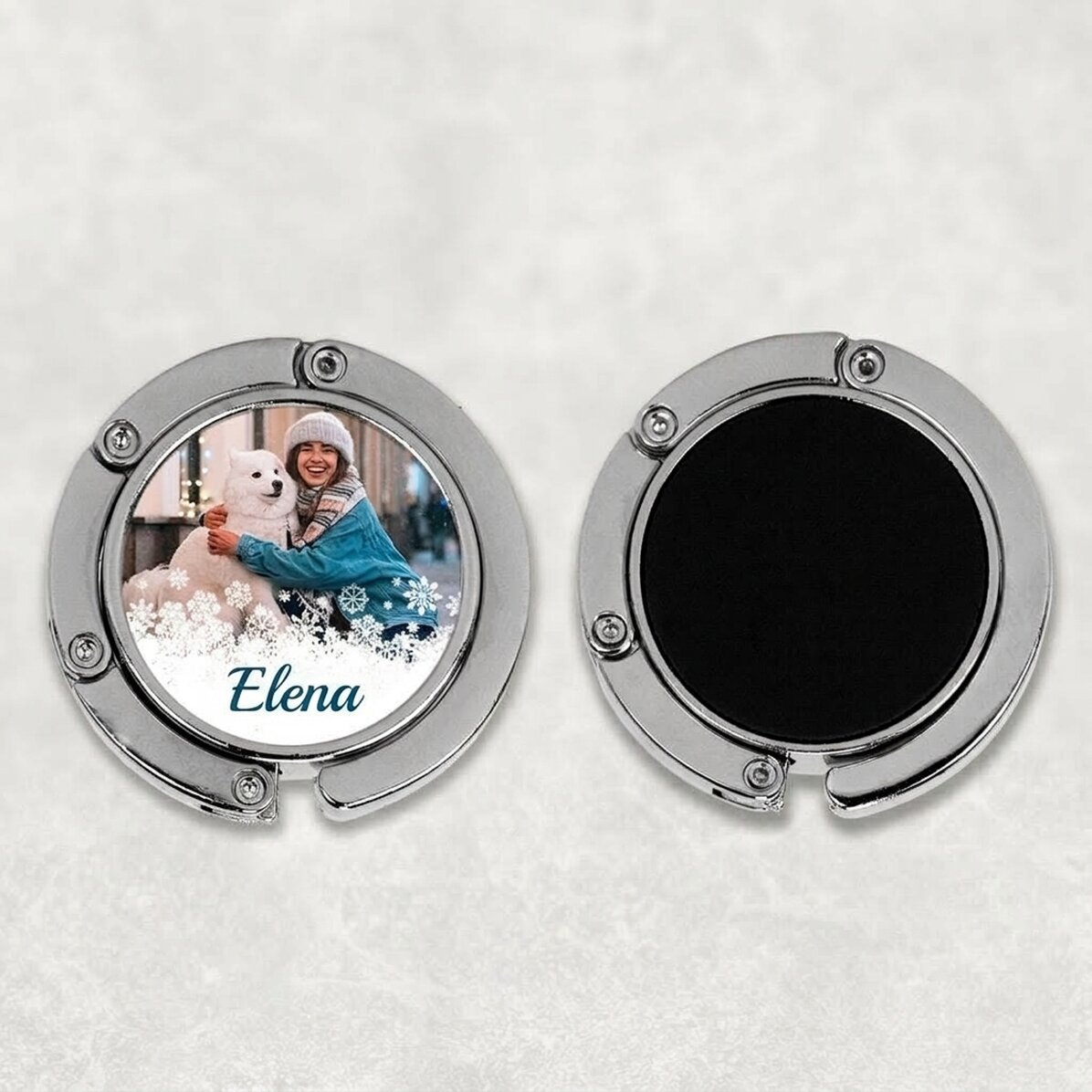 Soporte para bolso de mesa personalizado con una foto y un nombre - Copos de nieve