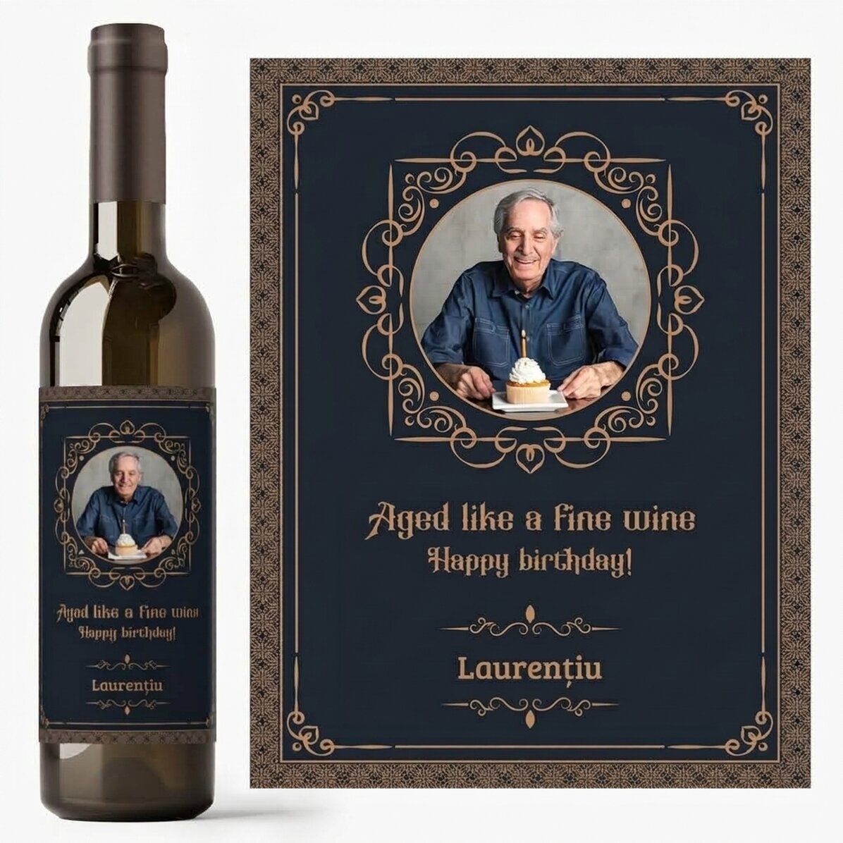 Vino personalizado con una foto y un mensaje - «Aged like a fine wine»