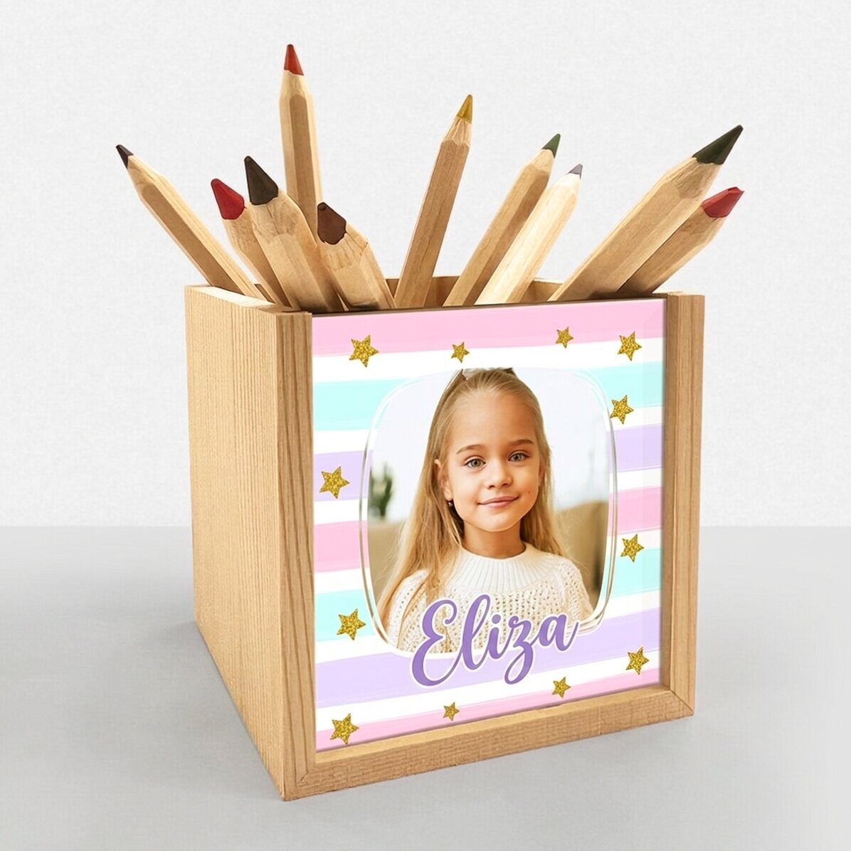 Porta lápices personalizado con foto y nombre - Arcoíris
