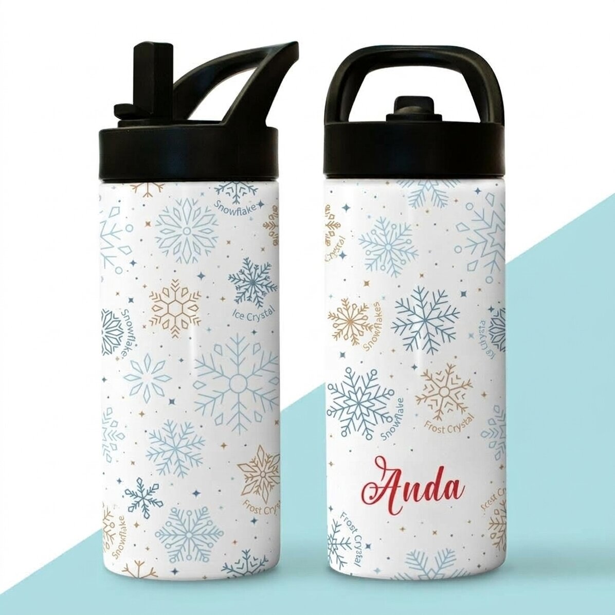 Término con asa y pajita personalizado con nombre - Copos de nieve