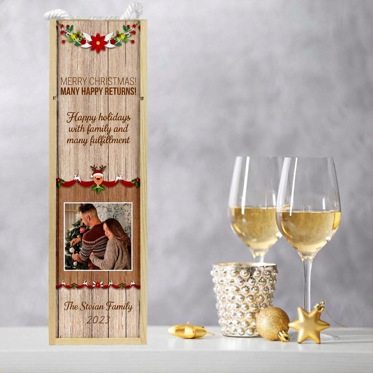 Caja de vino personalizada con foto y texto - Modelo navideño