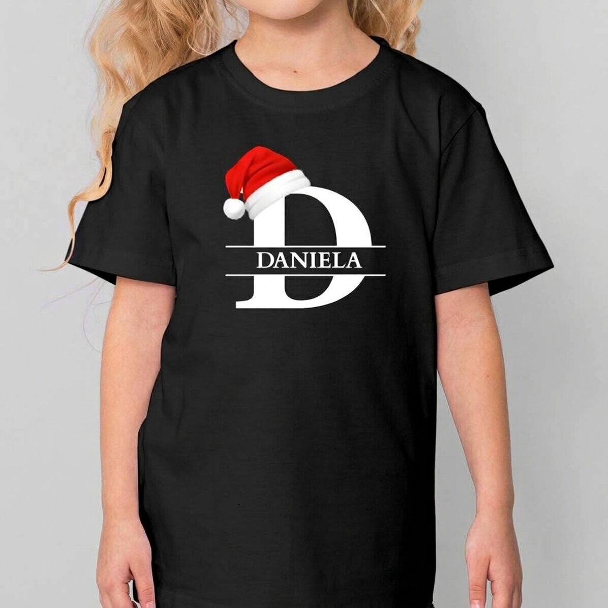 Camiseta de algodón para niños personalizada con la inicial y el nombre - Navidad