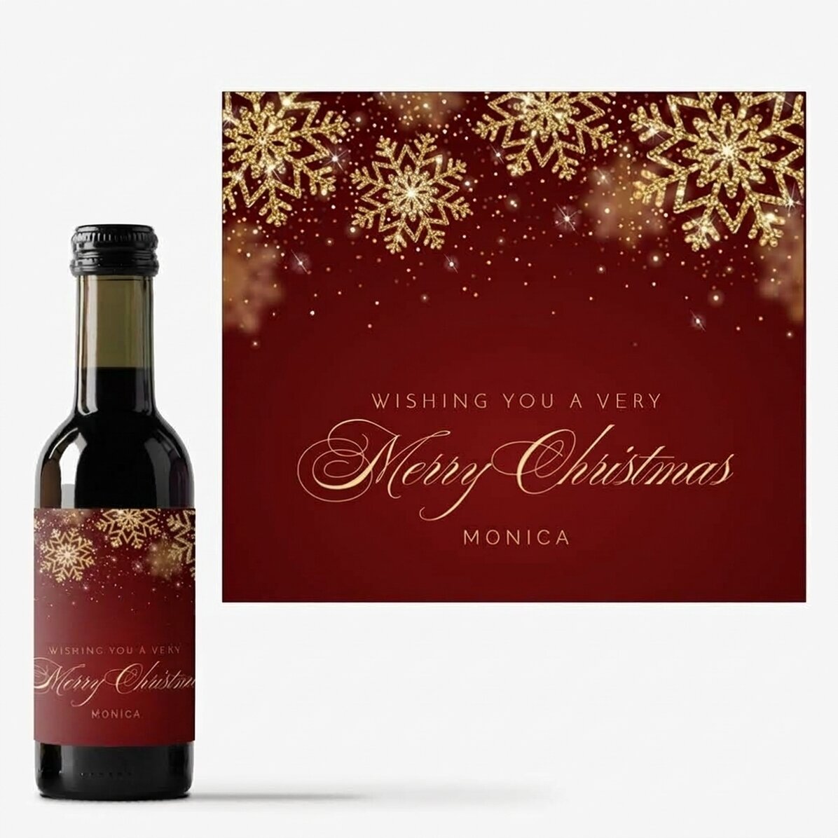Mini botella de vino personalizada con texto - Copos de nieve dorados