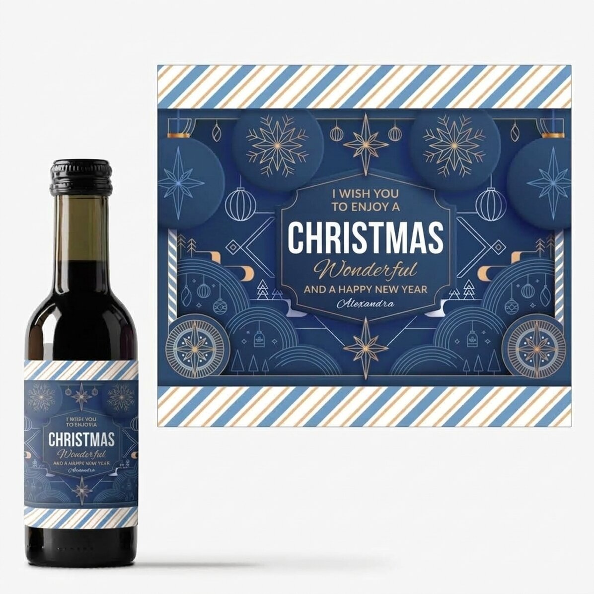 Mini botella de vino personalizada con texto - Blue Christmas