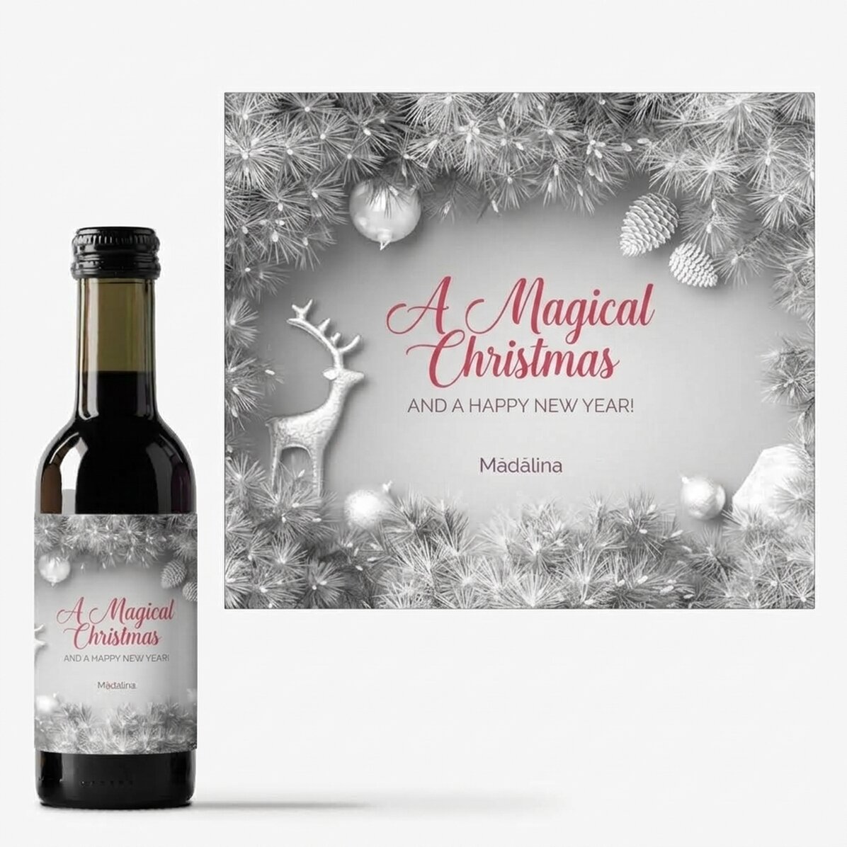 Mini botella de vino personalizada con texto - Silver Christmas
