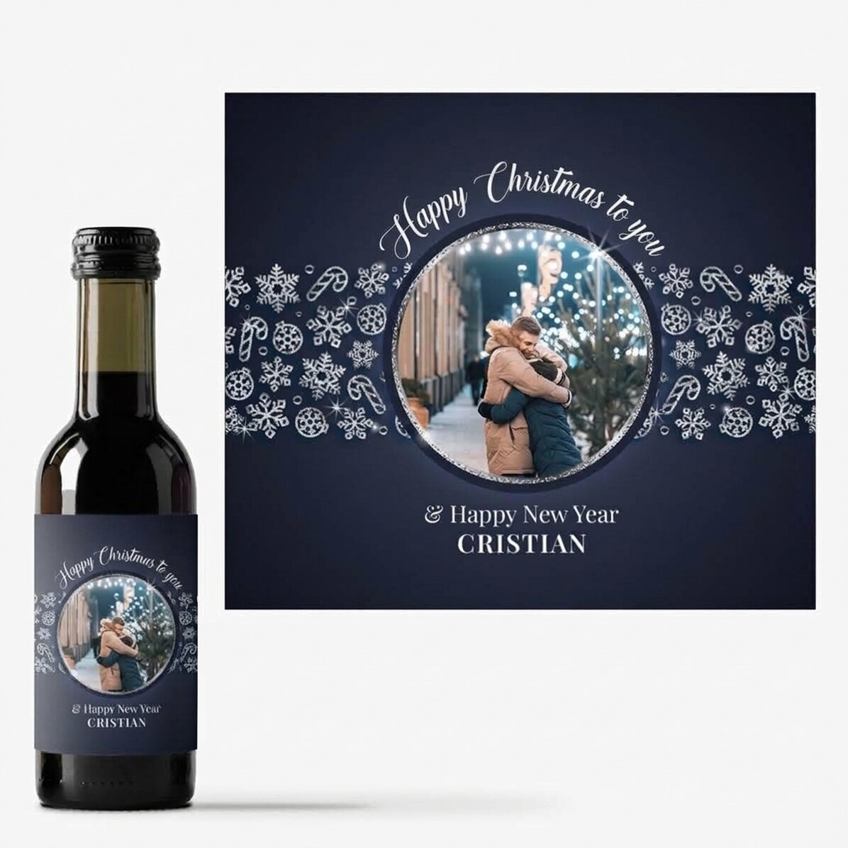 Mini botella de vino personalizada con foto y texto - Shiny Snowflakes