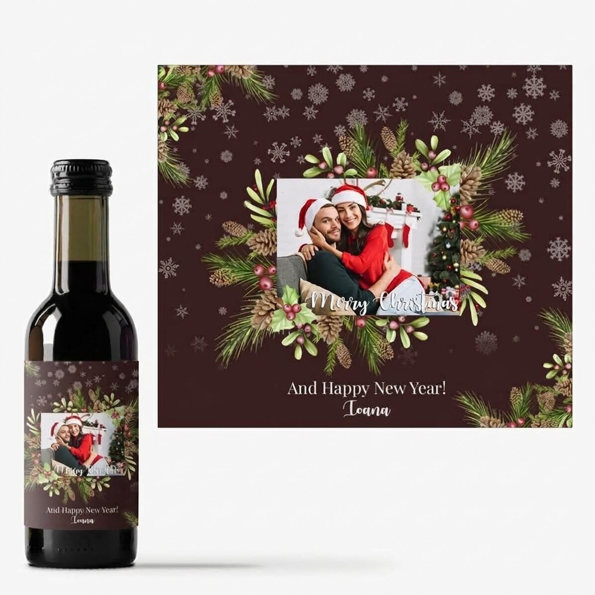 Mini botella de vino personalizada con foto y texto - Decoraciones navideñas