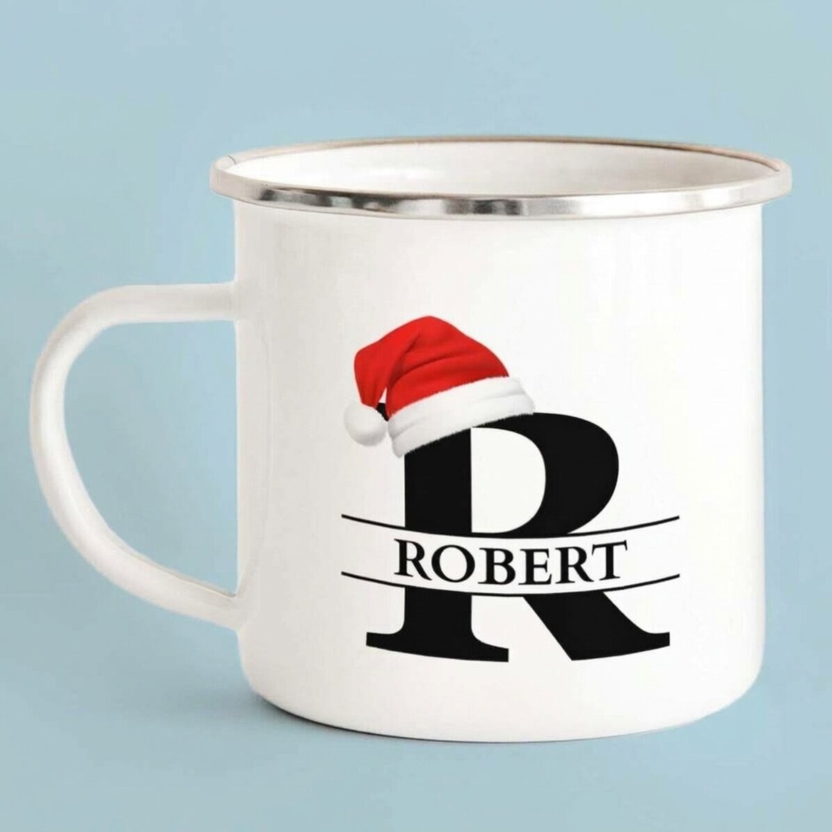 Taza metálica esmaltada con nombre e inicial