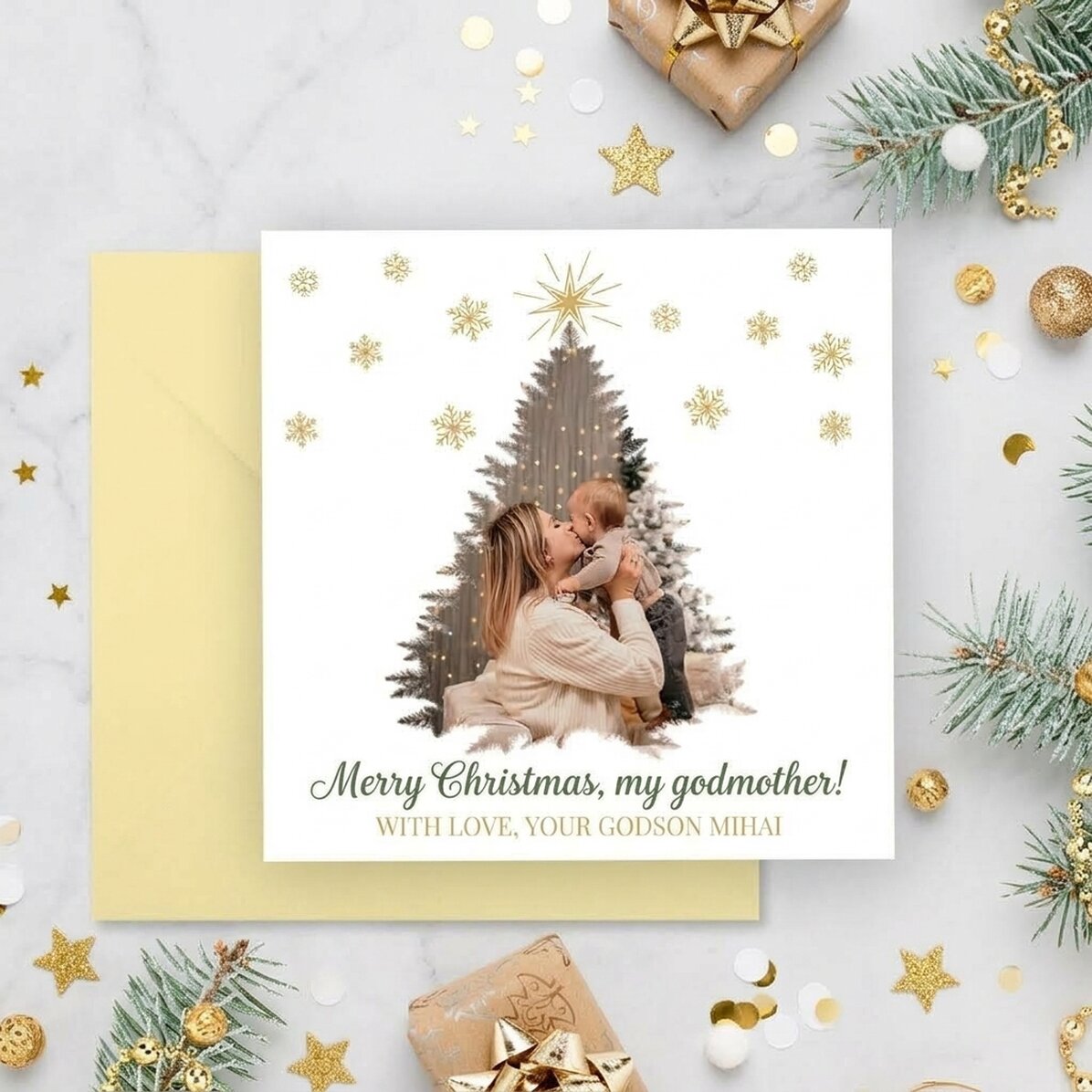 Tarjeta cuadrada personalizada con foto y mensaje: ¡Feliz Navidad!
