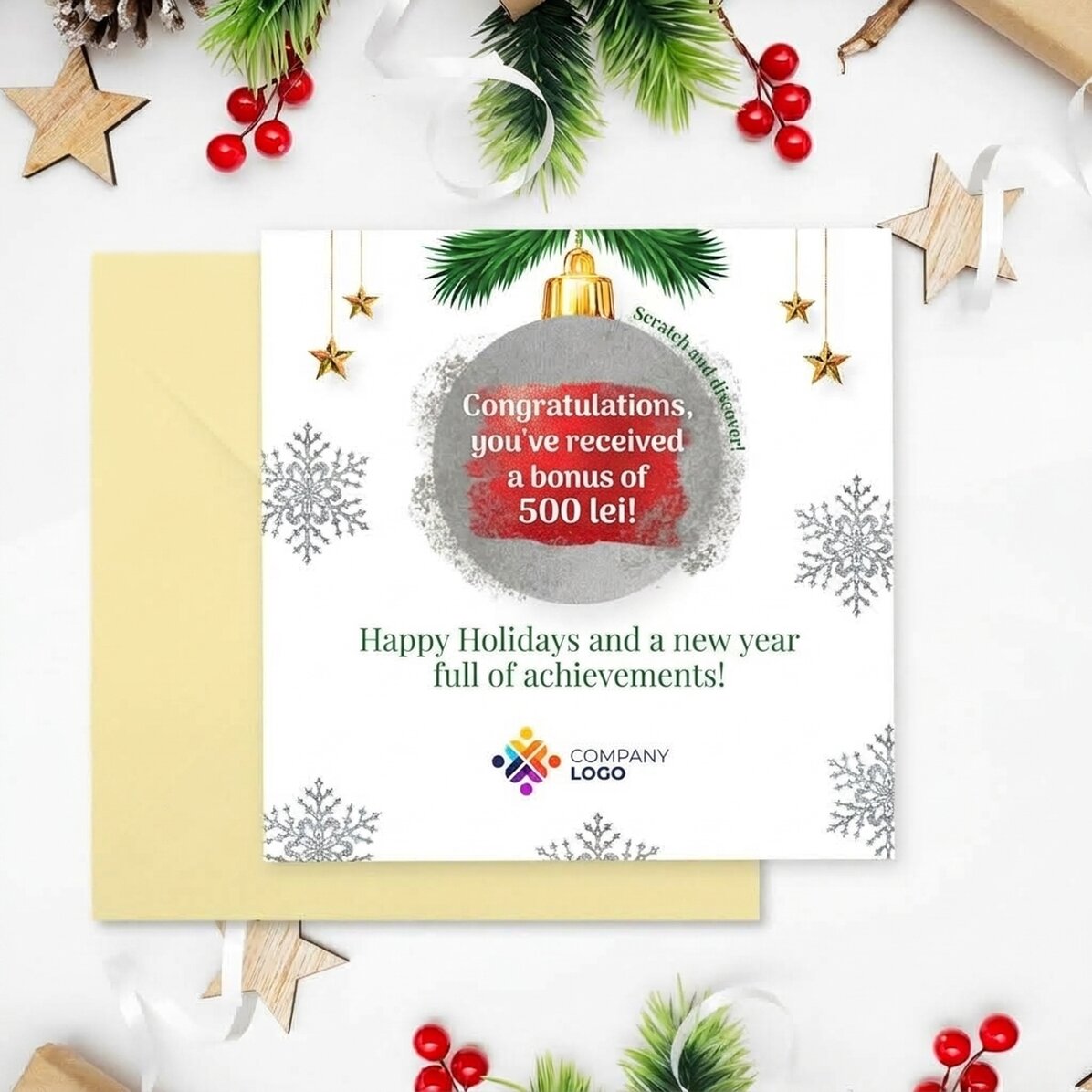Tarjeta rasca y gana personalizada con logotipo y mensaje - Sorpresa de Navidad
