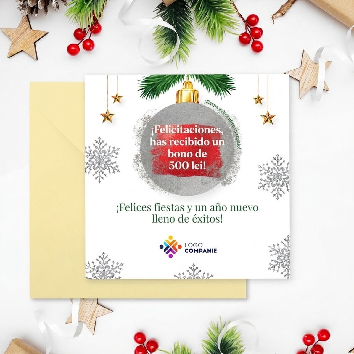 Tarjeta rasca y gana personalizada con logotipo y mensaje - Sorpresa de Navidad