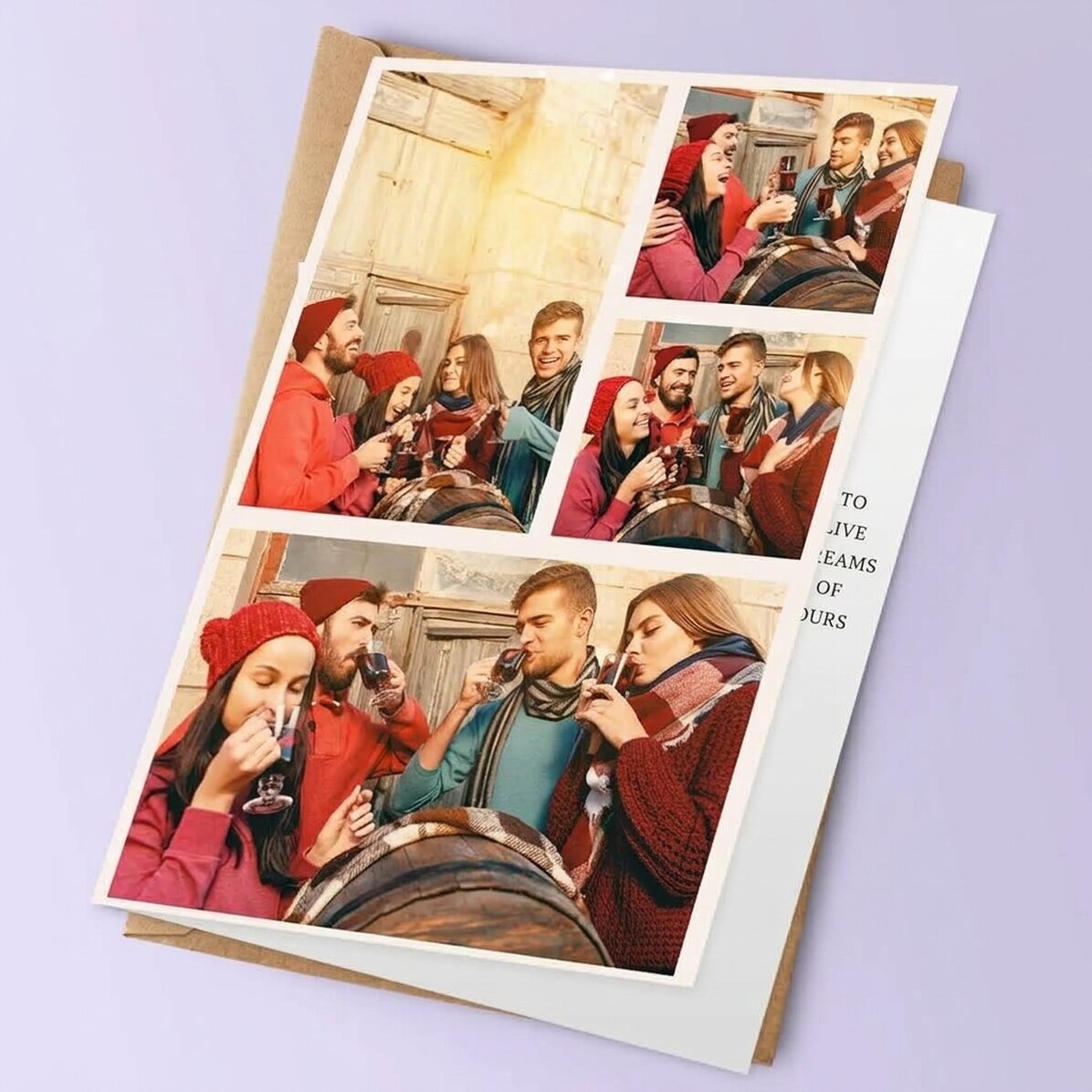 Tarjeta de felicitación personalizada con 4 fotos y texto - Corona navideña