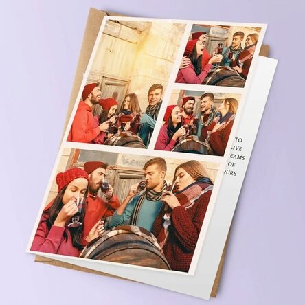 Tarjeta de felicitación personalizada con 4 fotos y texto - Corona navideña