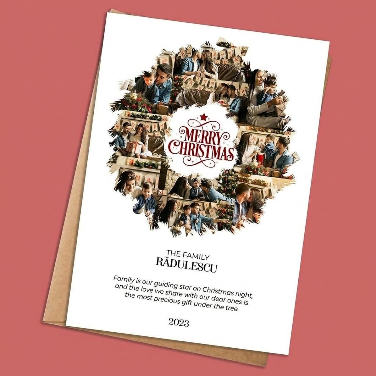 Tarjeta personalizada con 10 fotos y texto - Corona navideña