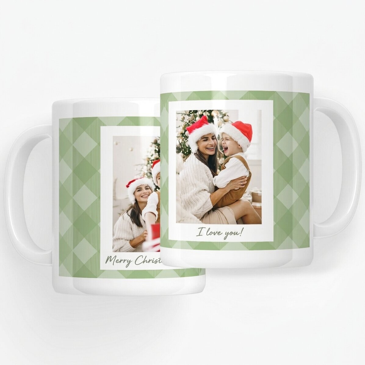 Taza personalizada con dos fotos y texto - Cuadros verdes