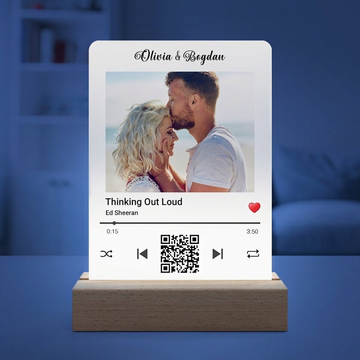 Lámpara LED de noche personalizada con una foto y un código QR - Nuestra canción