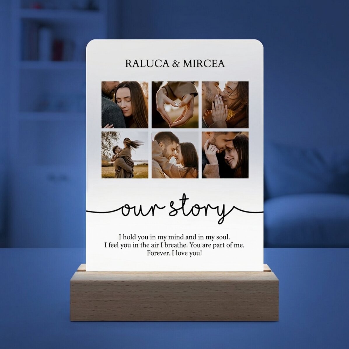 Lámpara LED de noche personalizada con 6 fotos y un mensaje - Nuestra historia