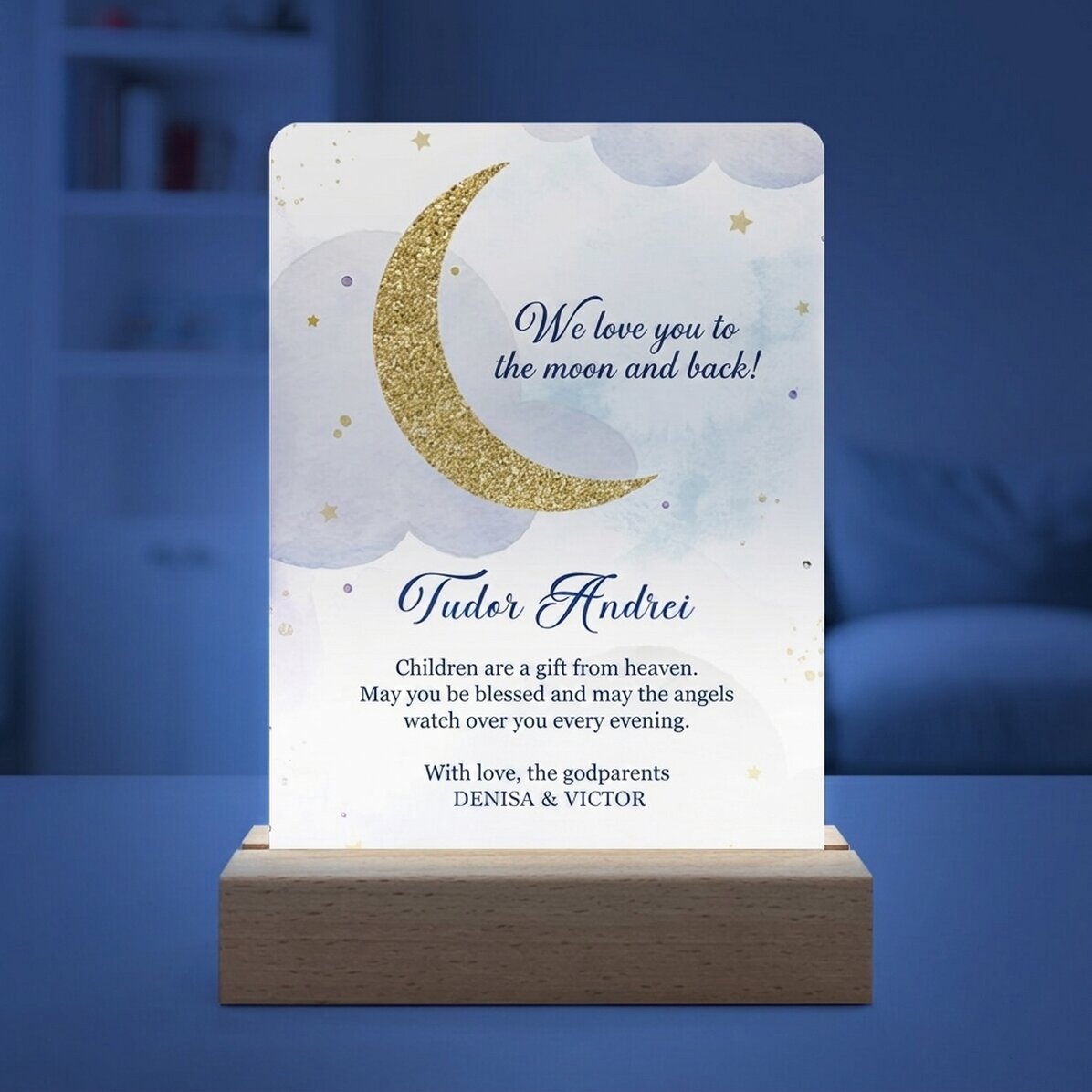 Lámpara LED de noche personalizada con mensaje: «To the moon and back»