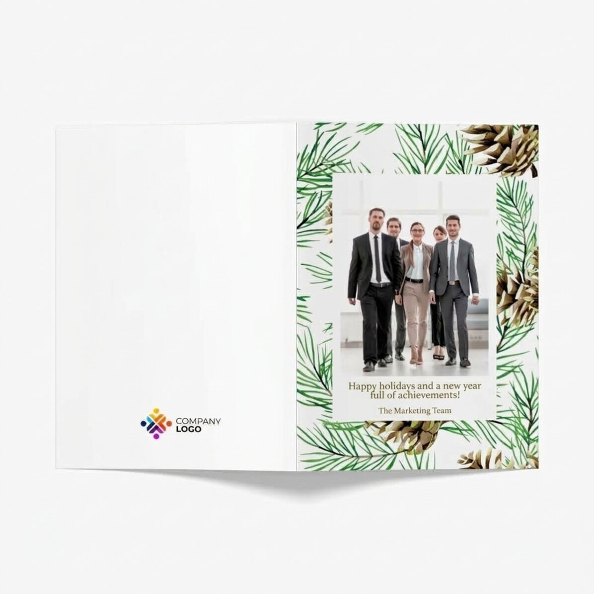 Tarjeta de felicitación personalizada, anverso y reverso, con texto, foto y logotipo - Conos de abet