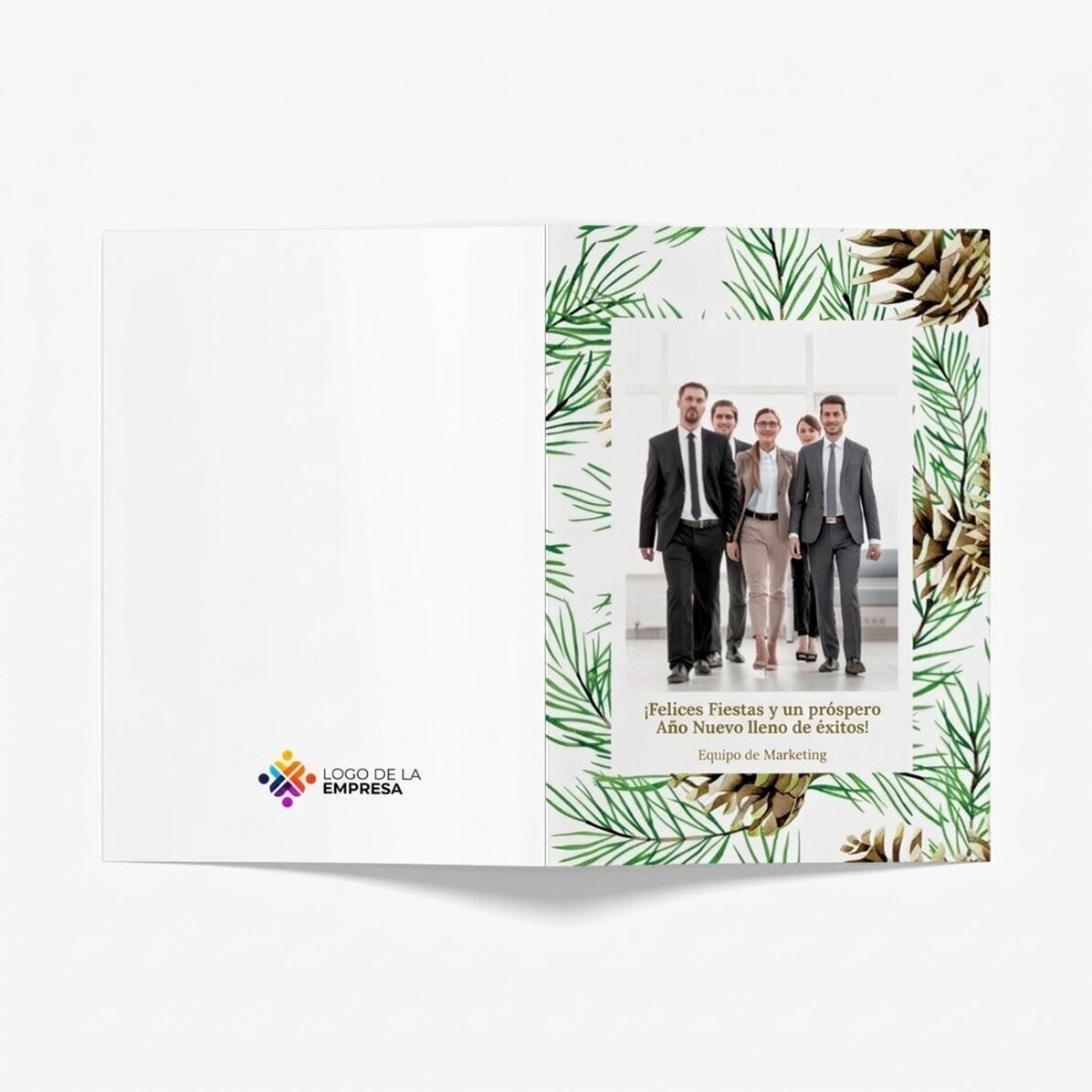 Tarjeta de felicitación personalizada, anverso y reverso, con texto, foto y logotipo - Conos de abet