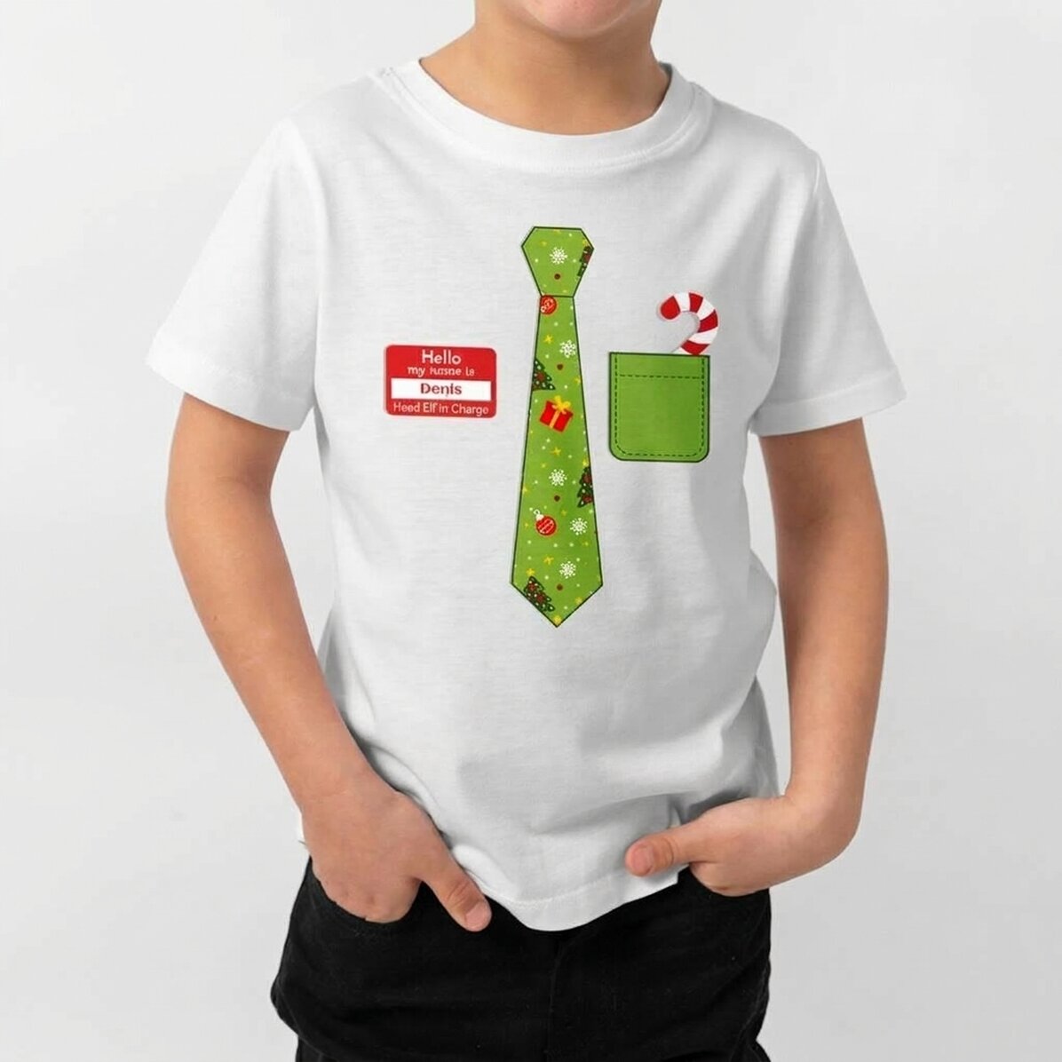 Camiseta de algodón para niños personalizada con texto - La corbata de Navidad