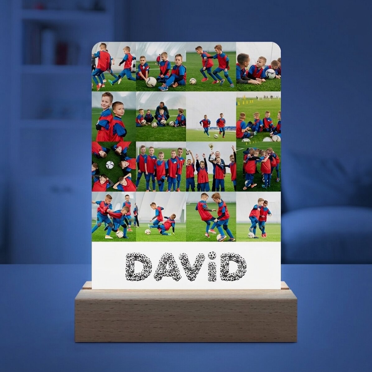 Lámpara de noche LED personalizada con 16 fotos y nombre - Fútbol