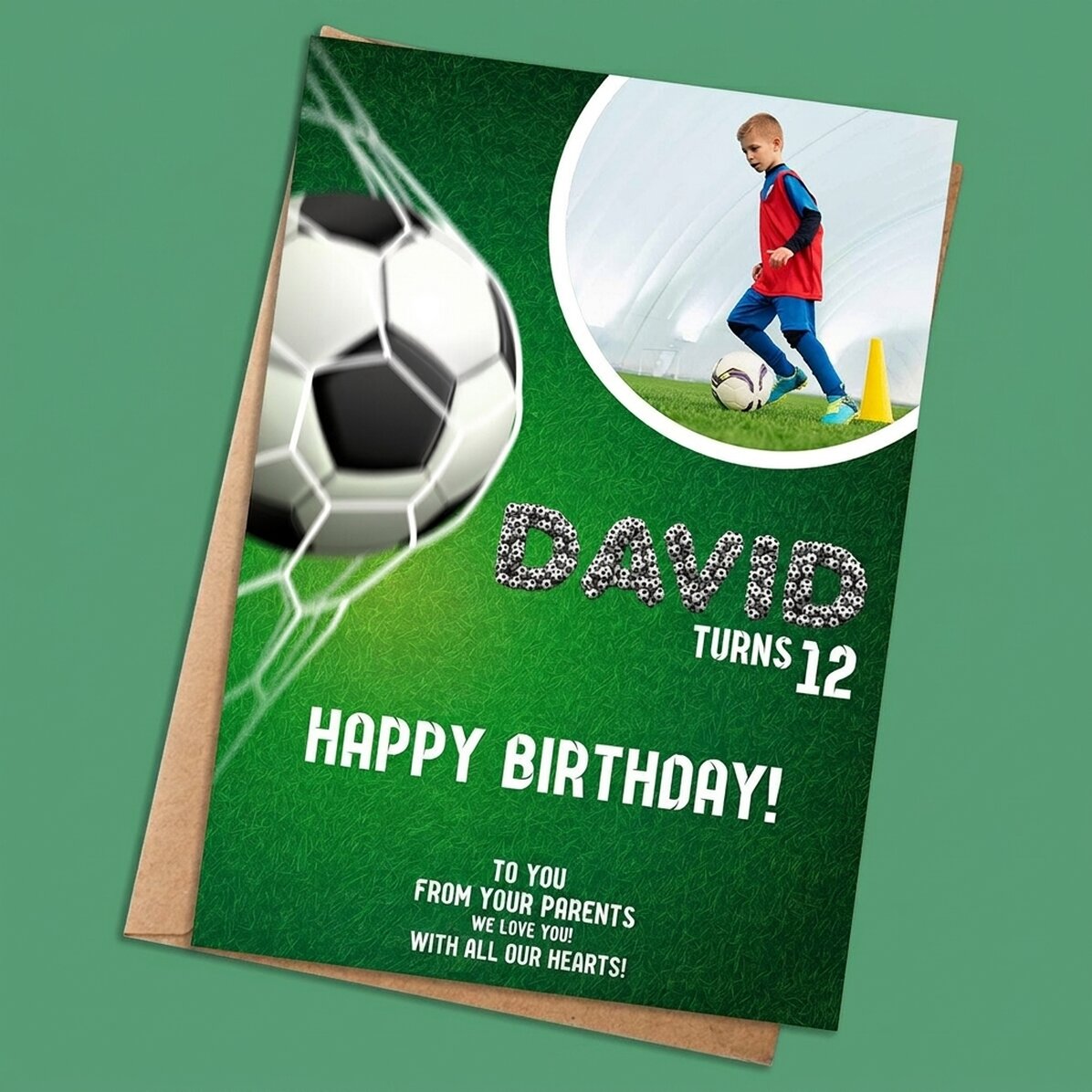 Tarjeta personalizada con una foto y un texto - Cumpleaños de fútbol