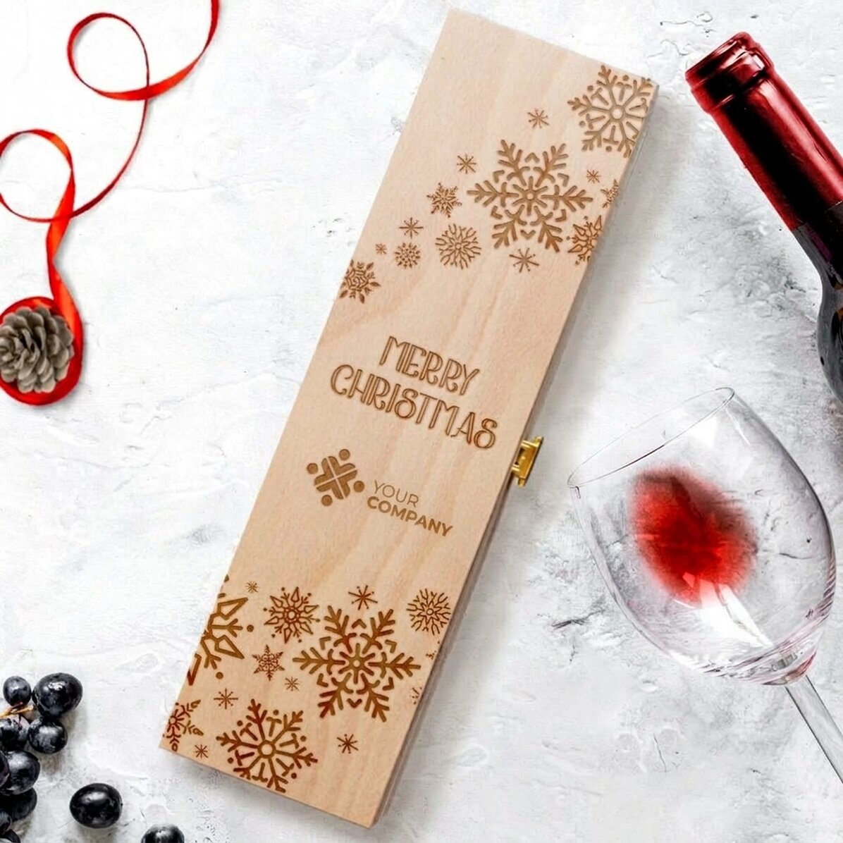 Caja de vino con logotipo y mensaje navideño