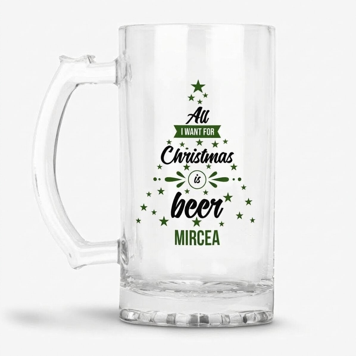 Jarra de cerveza personalizada con texto: «All I want for Christmas»