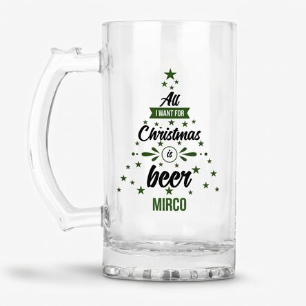 Jarra de cerveza personalizada con texto: «All I want for Christmas»
