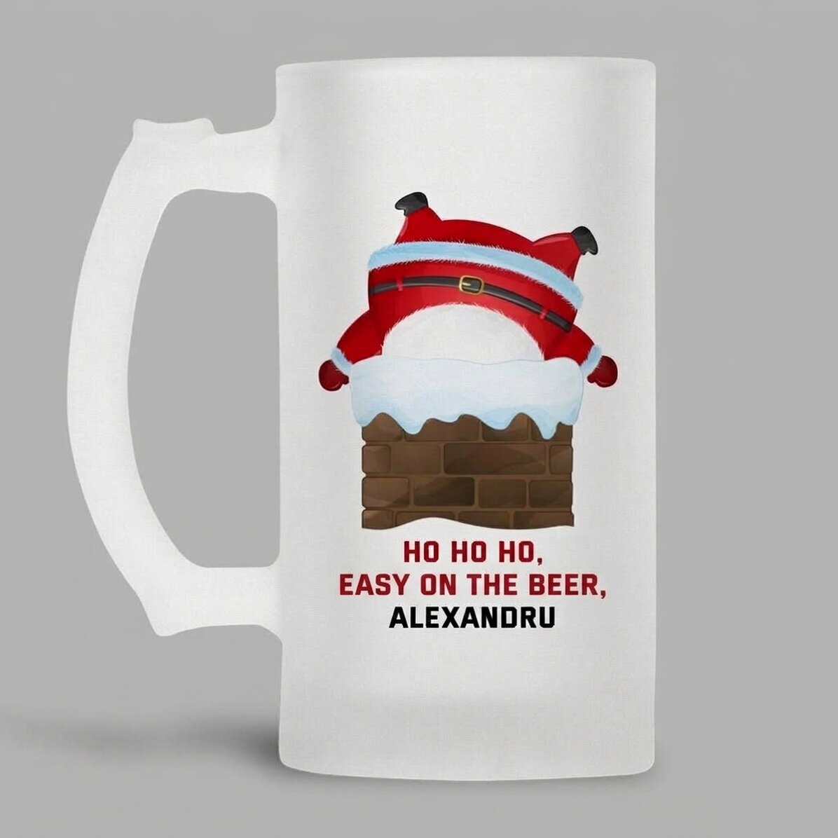 Jarra de cerveza personalizada con texto: «HO HO HO»