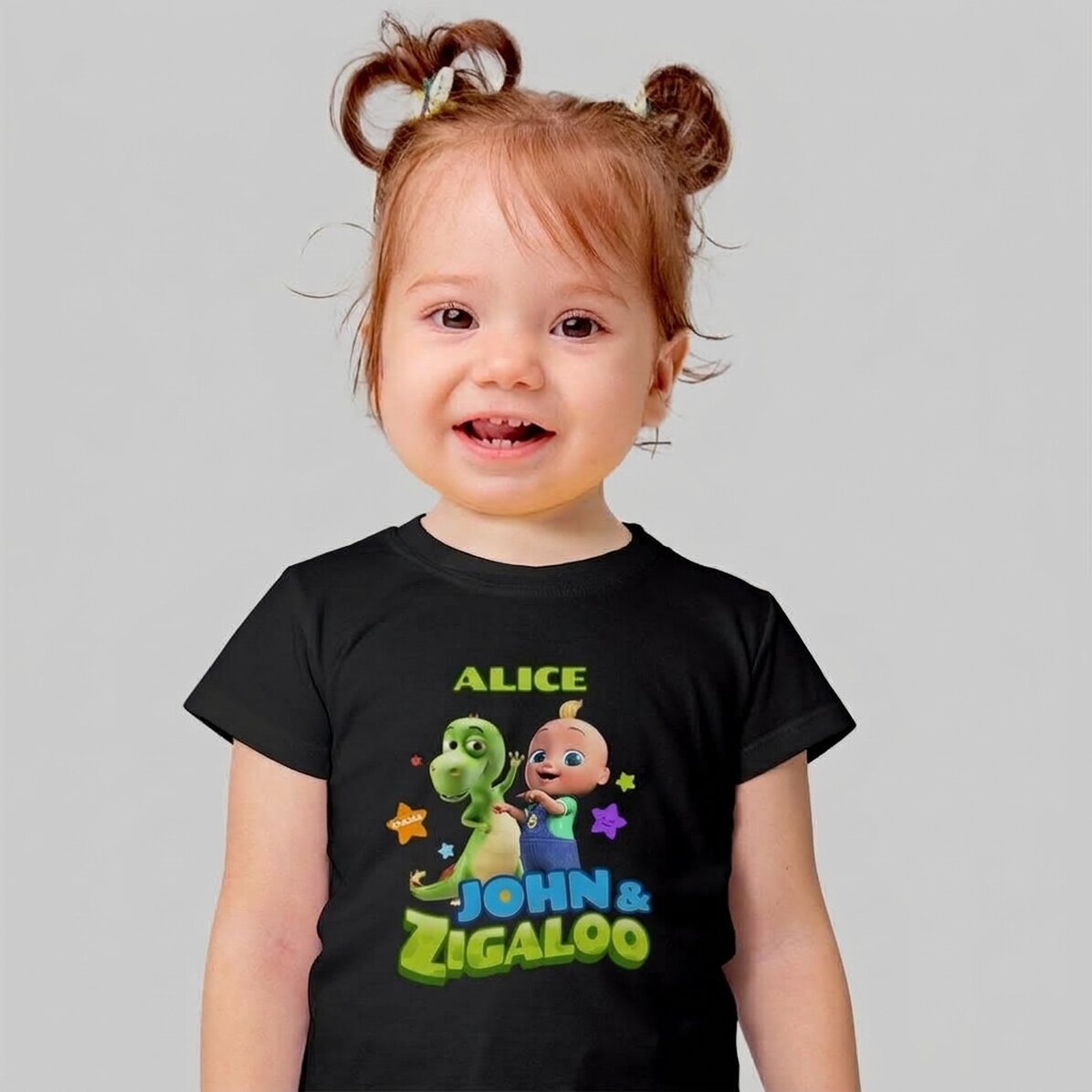 Camiseta de algodón para niños personalizada con nombre - Johny y Zigaloo TraLaLa