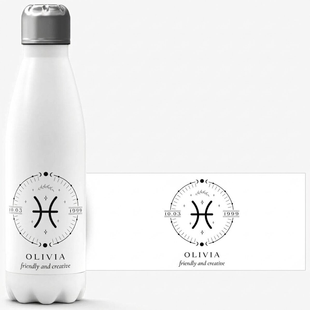 Termo con base blanca personalizado con texto y el signo del zodiaco Piscis