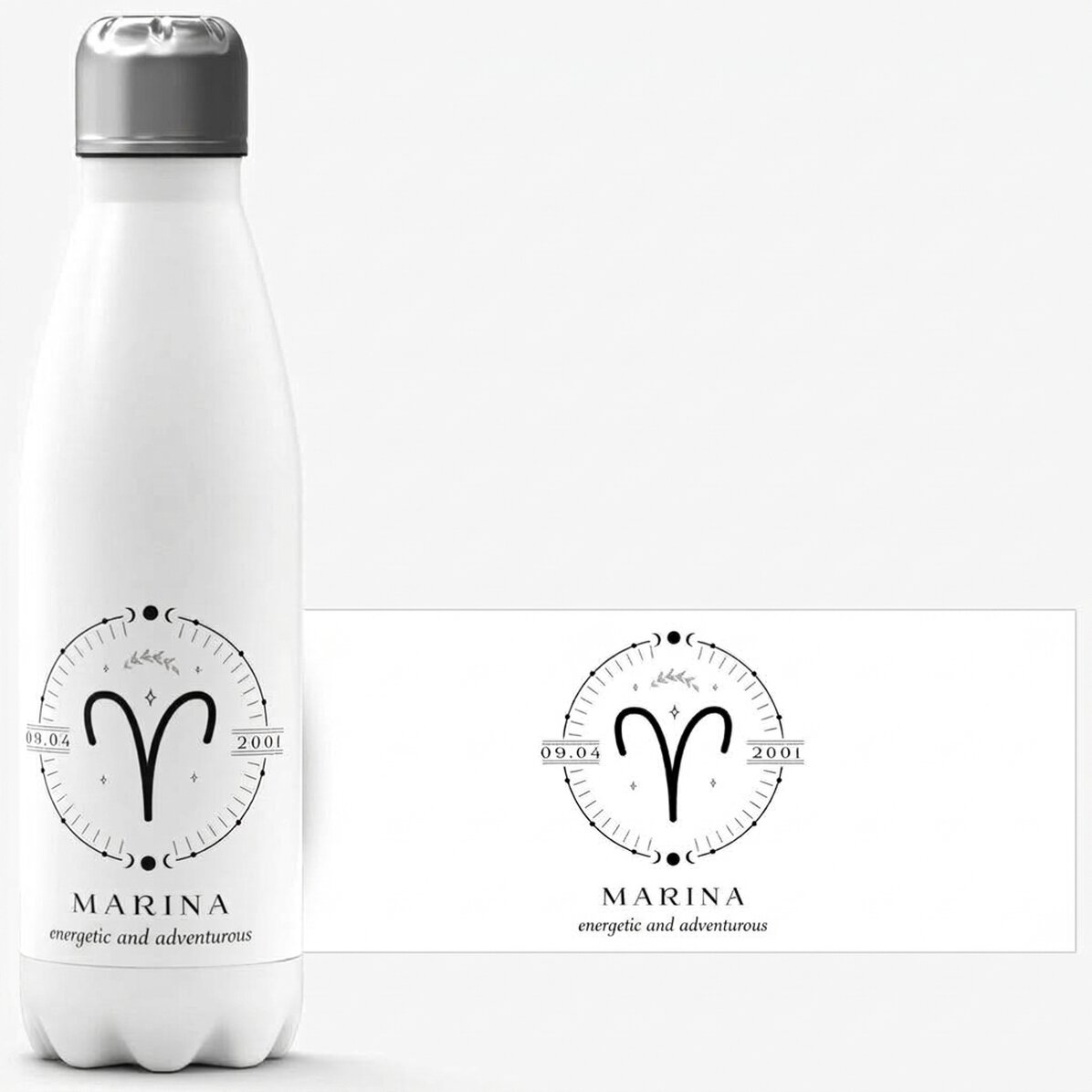 Termo con base blanca personalizado con texto y el signo del zodiaco Aries