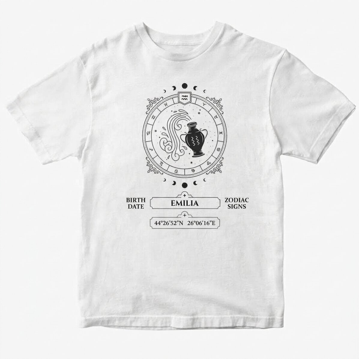 Camiseta de algodón personalizada con nombre y signo del zodiaco: Acuario