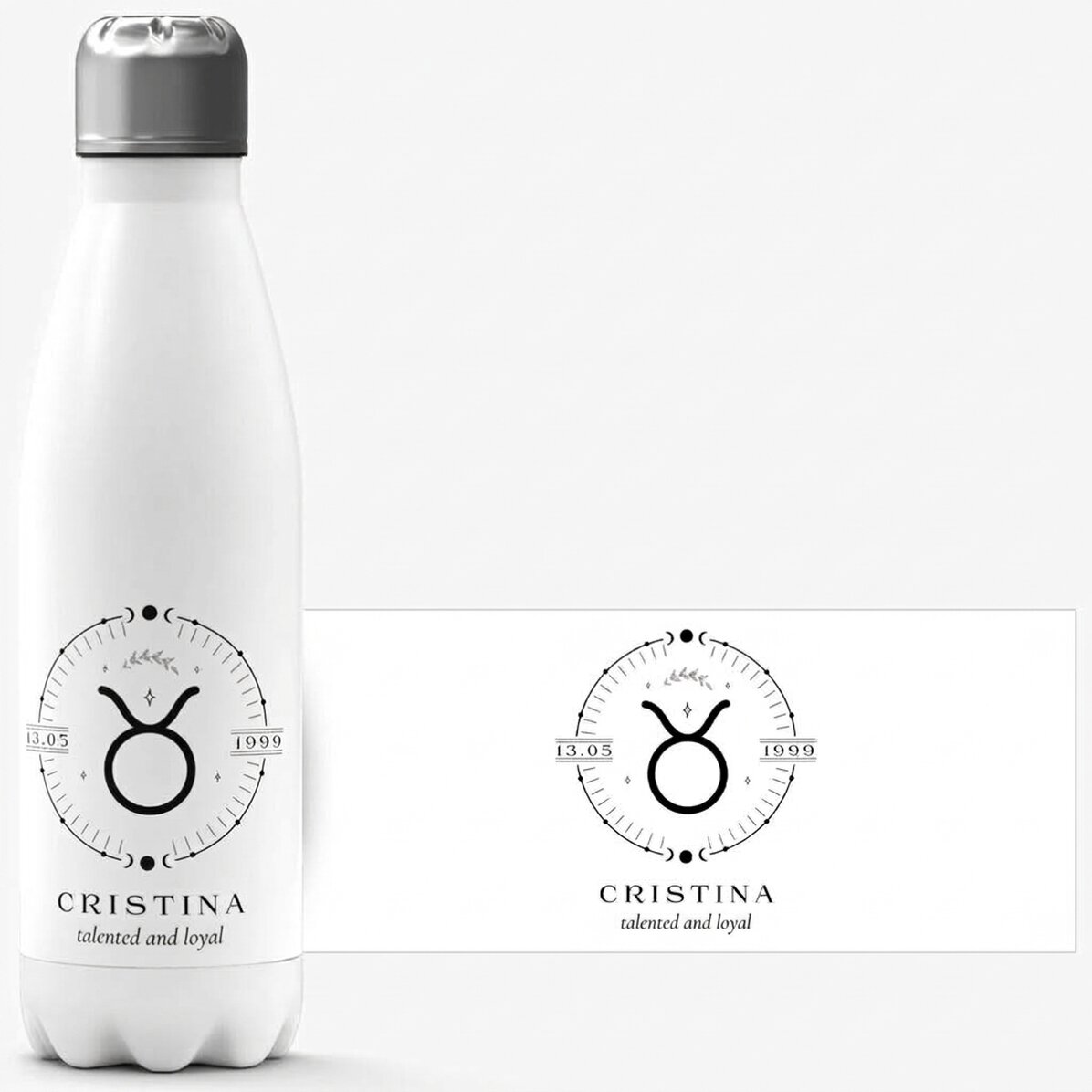 Termo con base blanca personalizado con texto y el signo del zodiaco Tauro