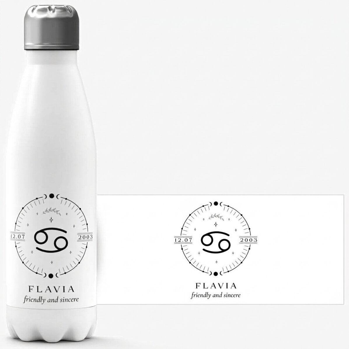 Termo con base blanca personalizado con texto y el signo del zodiaco Cáncer