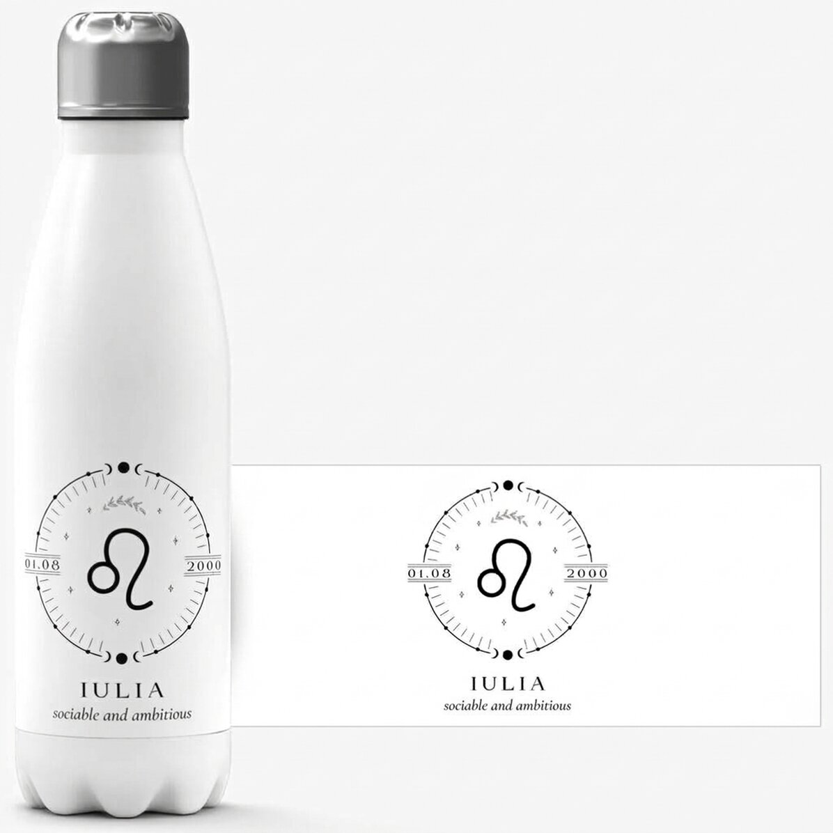 Termo con base blanca personalizado con texto y el signo del zodiaco Leo
