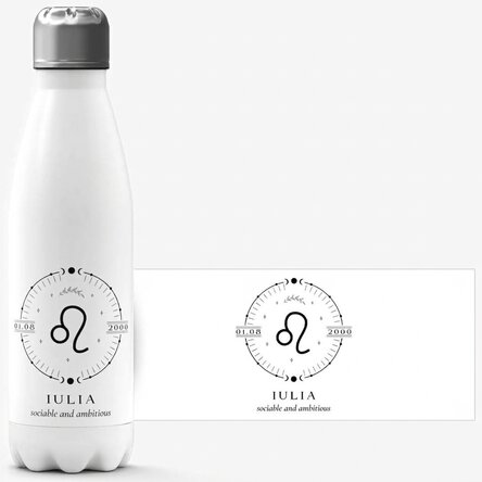 Thermos with white base personalised with text and Leo zodiac sign