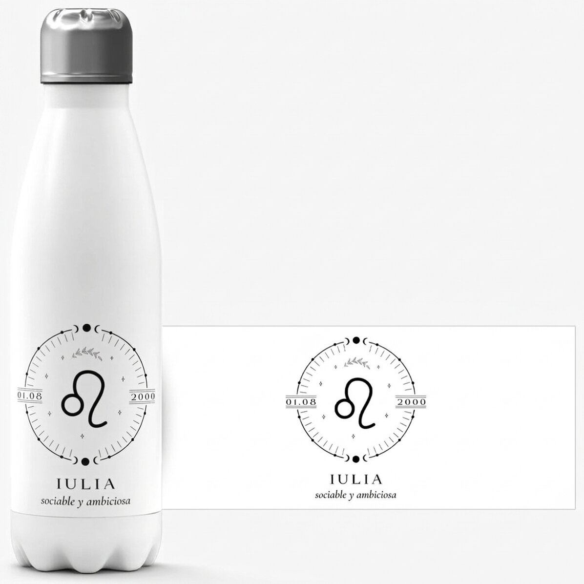 Termo con base blanca personalizado con texto y el signo del zodiaco Leo
