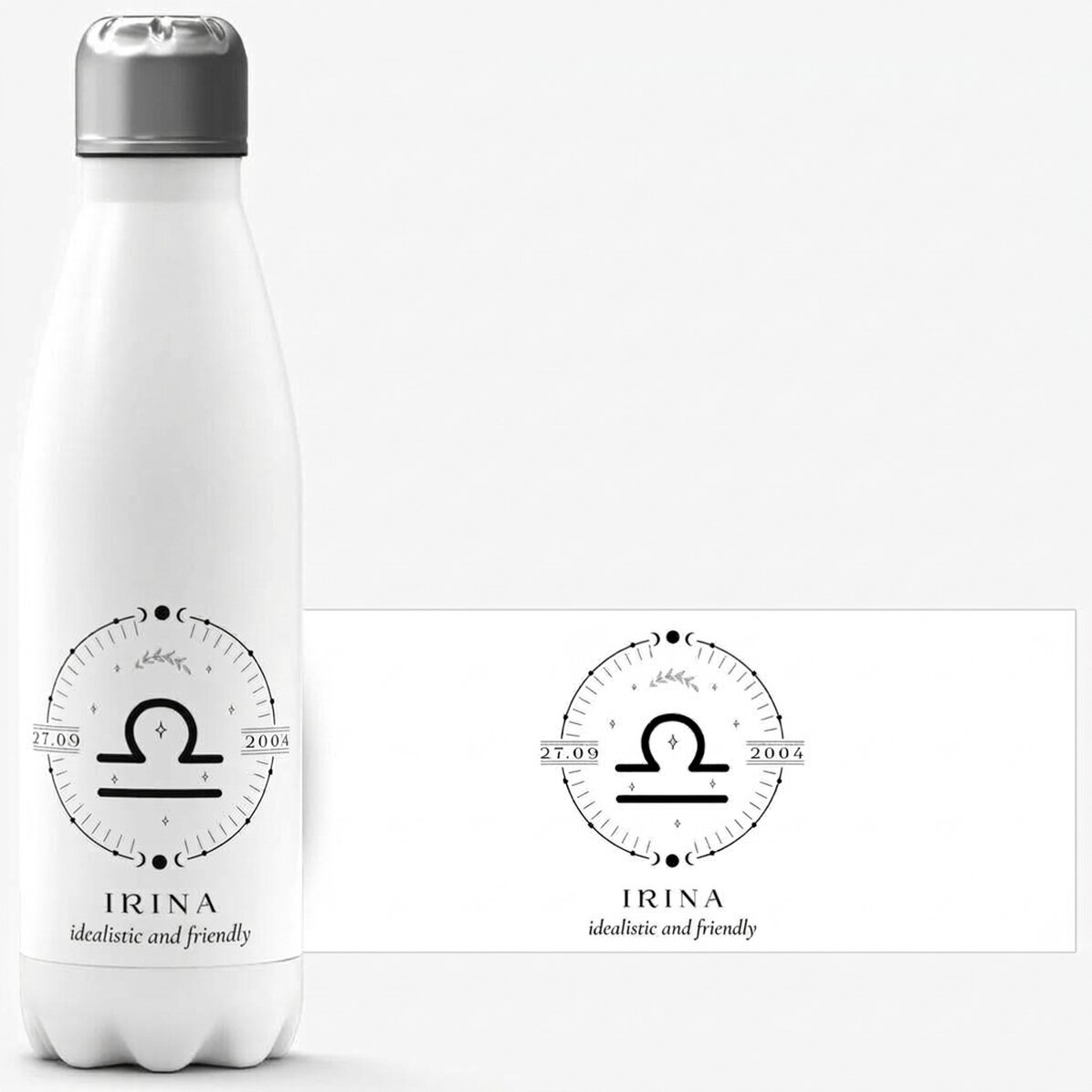 Termo con base blanca personalizado con texto y el signo del zodiaco Libra